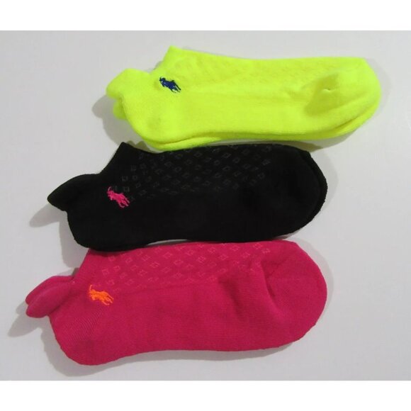 Polo Ralph Lauren Womens Heel Tab Low Cut Socks Pink Black Neon Yellow 3 pk NWOT - Picture 1 of 3